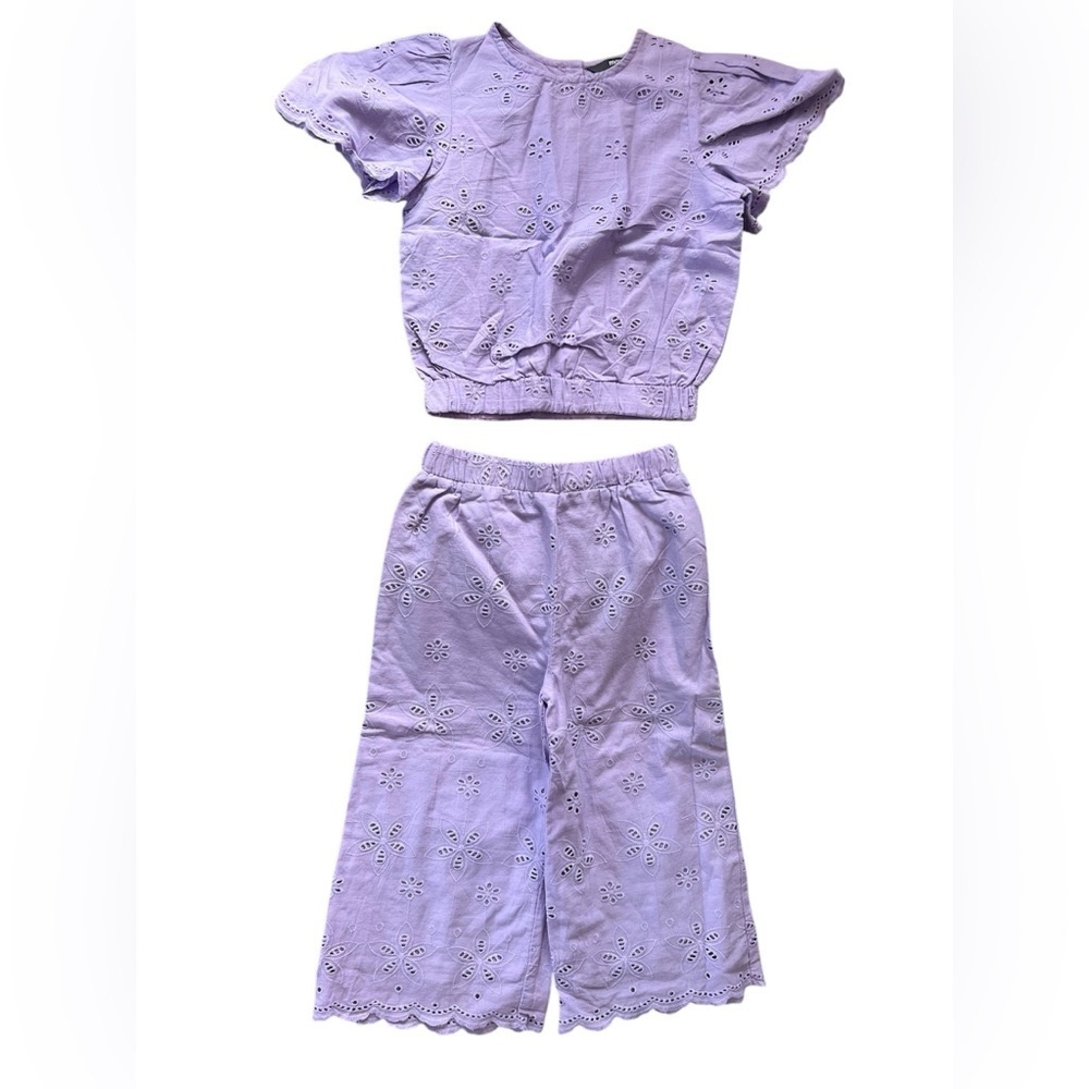 Max Girl’s Purple Lavender Eyelet  Crop Top Wide Leg Pants Outfit | 5-6Y